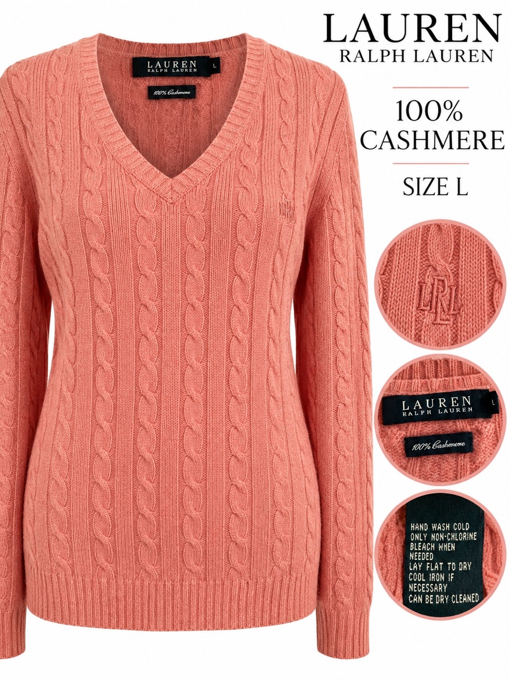 Lauren Ralph Lauren 100% Cashmere Cable Knit V Neck Sweater Pink L.